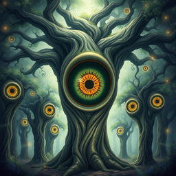 A mesmerizing illustration of a fantastical tree featuring a large eye that opens vertically, revealing an intricate iris adorned with a wild and vibrant pattern