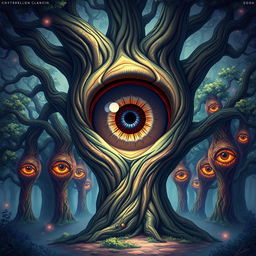 A mesmerizing illustration of a fantastical tree featuring a large eye that opens vertically, revealing an intricate iris adorned with a wild and vibrant pattern