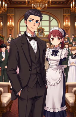 A handsome gentleman anime man in his mid 20s stands confidently in the luxurious interior of a British villa, adorned with elegant furnishings and rich decor