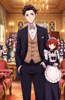 A handsome gentleman anime man in his mid 20s stands confidently in the luxurious interior of a British villa, adorned with elegant furnishings and rich decor