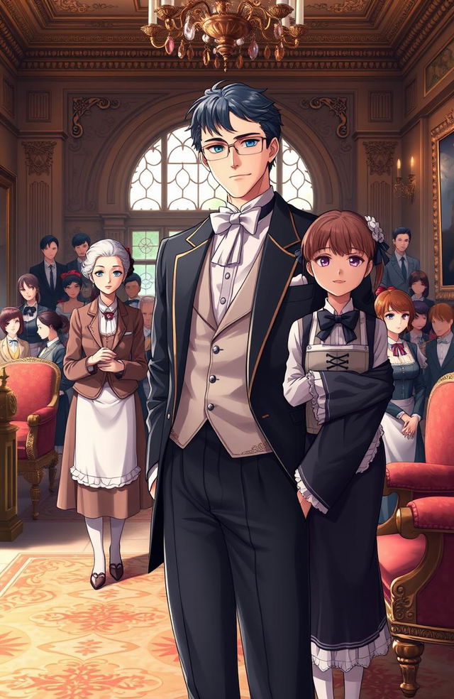 A handsome gentleman anime man in his mid 20s stands confidently in the luxurious interior of a British villa, adorned with elegant furnishings and rich decor