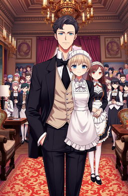 A handsome gentleman anime man in his mid 20s stands confidently in the luxurious interior of a British villa, adorned with elegant furnishings and rich decor