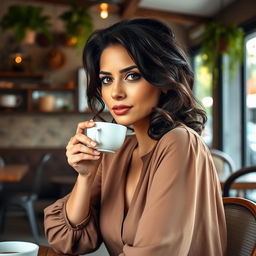 A portrait of a 35-year-old woman with Mediterranean features, including warm olive skin, dark wavy hair, and bright hazel eyes, seated in a cozy café