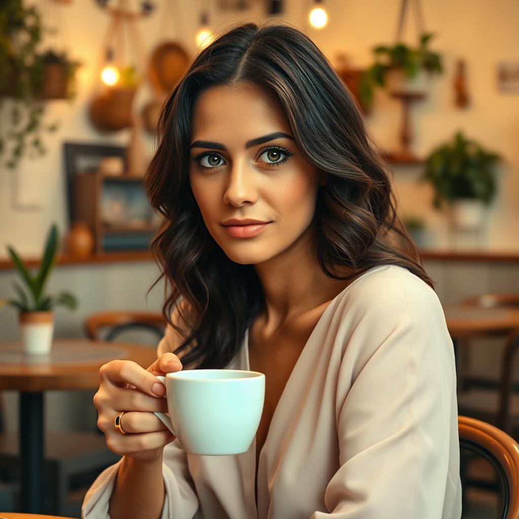 A portrait of a 35-year-old woman with Mediterranean features, including warm olive skin, dark wavy hair, and bright hazel eyes, seated in a cozy café