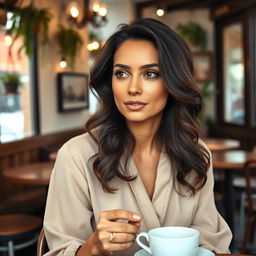 A portrait of a 35-year-old woman with Mediterranean features, including warm olive skin, dark wavy hair, and bright hazel eyes, seated in a cozy café