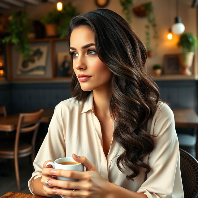 A portrait of a 35-year-old woman with Mediterranean features, including warm olive skin, dark wavy hair, and bright hazel eyes, seated in a cozy café