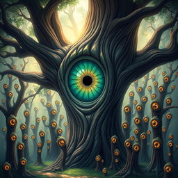 A stunning illustration of a fantastical tree featuring a large eye that opens vertically, revealing an iris with a wild and intricate pattern