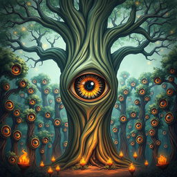 A stunning illustration of a fantastical tree featuring a large eye that opens vertically, revealing an iris with a wild and intricate pattern