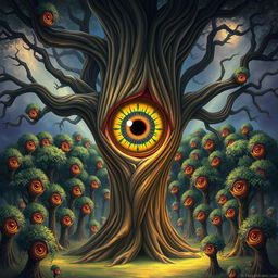 A stunning illustration of a fantastical tree featuring a large eye that opens vertically, revealing an iris with a wild and intricate pattern