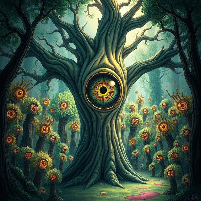 A stunning illustration of a fantastical tree featuring a large eye that opens vertically, revealing an iris with a wild and intricate pattern