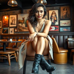 A portrait of a 35-year-old woman with Mediterranean features, including warm olive skin, dark wavy hair, and bright hazel eyes, seated in a cozy café