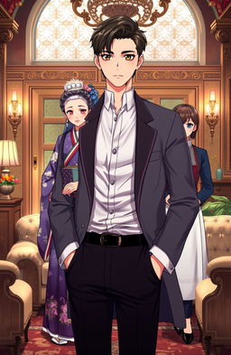 A handsome anime gentleman in his mid 20s standing confidently in a luxurious British villa, adorned with elegant furnishings and ornate decor
