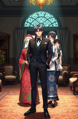 A handsome anime gentleman in his mid 20s standing confidently in a luxurious British villa, adorned with elegant furnishings and ornate decor