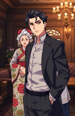 A handsome anime gentleman in his mid 20s standing confidently in a luxurious British villa, adorned with elegant furnishings and ornate decor