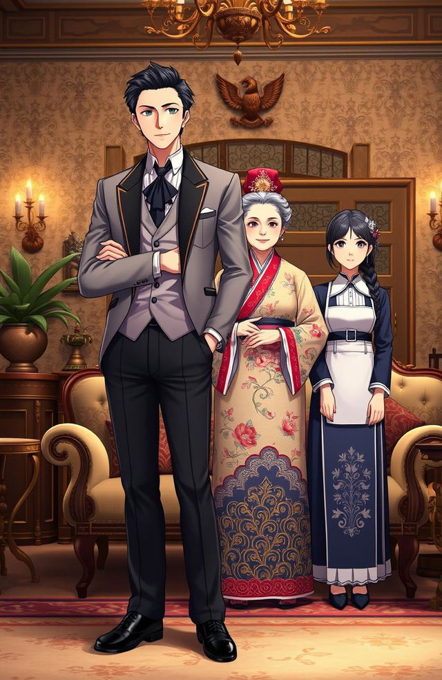 A handsome anime gentleman in his mid 20s standing confidently in a luxurious British villa, adorned with elegant furnishings and ornate decor