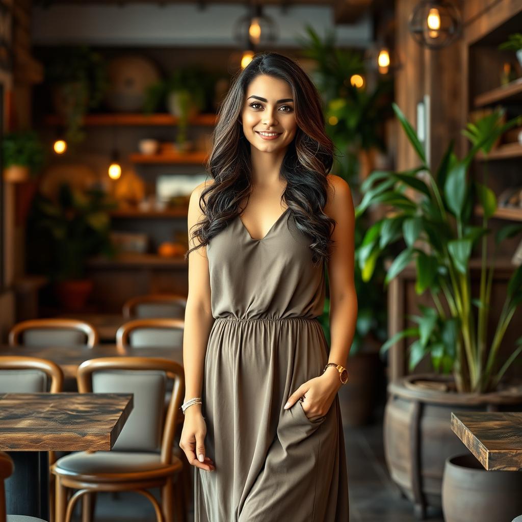 A full-length portrait of a 35-year-old woman with Mediterranean features, including warm olive skin, dark wavy hair, and bright hazel eyes, standing gracefully in a cozy café