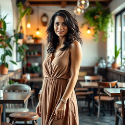 A full-length portrait of a 35-year-old woman with Mediterranean features, including warm olive skin, dark wavy hair, and bright hazel eyes, standing gracefully in a cozy café