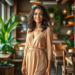 A full-length portrait of a 35-year-old woman with Mediterranean features, including warm olive skin, dark wavy hair, and bright hazel eyes, standing gracefully in a cozy café