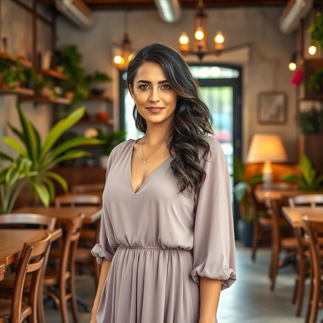 A full-length portrait of a 35-year-old woman with Mediterranean features, including warm olive skin, dark wavy hair, and bright hazel eyes, standing gracefully in a cozy café