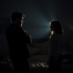 A tense and dramatic scene set in a dimly lit bedroom at night, focusing on a confrontation between a man and a woman