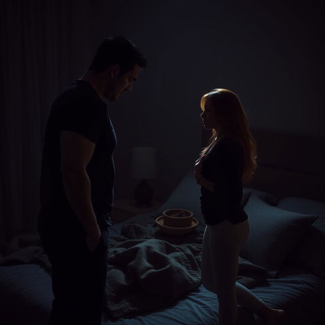 A tense and dramatic scene set in a dimly lit bedroom at night, focusing on a confrontation between a man and a woman