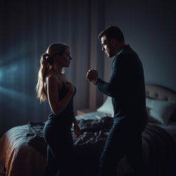 A tense and dramatic scene set in a dimly lit bedroom at night, focusing on a confrontation between a man and a woman