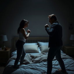 A tense and dramatic scene set in a dimly lit bedroom at night, focusing on a confrontation between a man and a woman