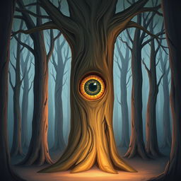 A captivating illustration of a singular tree featuring a large eye emerging from a vertical slit in its trunk