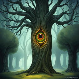 A captivating illustration of a singular tree featuring a large eye emerging from a vertical slit in its trunk