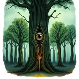A captivating illustration of a singular tree featuring a large eye emerging from a vertical slit in its trunk
