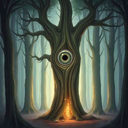 A captivating illustration of a singular tree featuring a large eye emerging from a vertical slit in its trunk