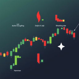 An artistic representation of various candlestick patterns used in financial trading, including bullish engulfing, bearish engulfing, doji, hammer, and shooting star