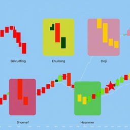 An artistic representation of various candlestick patterns used in financial trading, including bullish engulfing, bearish engulfing, doji, hammer, and shooting star
