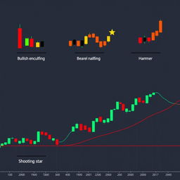 An artistic representation of various candlestick patterns used in financial trading, including bullish engulfing, bearish engulfing, doji, hammer, and shooting star