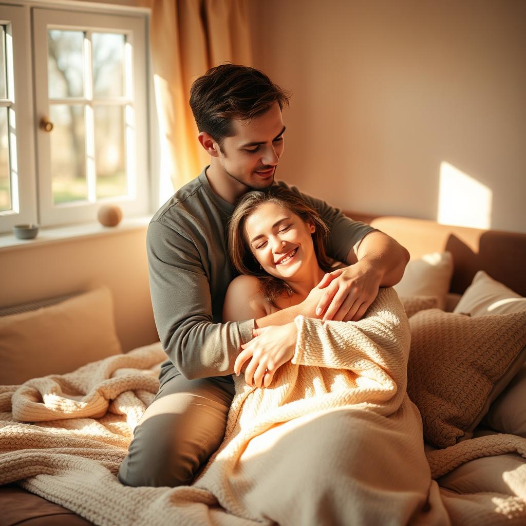 A warm and intimate scene in a cozy bedroom, where a man is gently hugging a woman