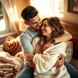 A warm and intimate scene in a cozy bedroom, where a man is gently hugging a woman