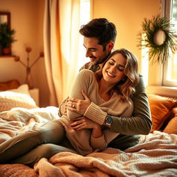 A warm and intimate scene in a cozy bedroom, where a man is gently hugging a woman