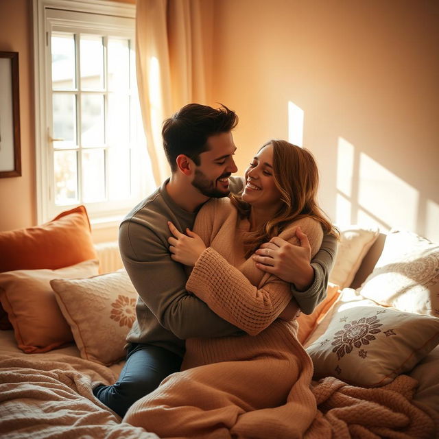 A warm and intimate scene in a cozy bedroom, where a man is gently hugging a woman