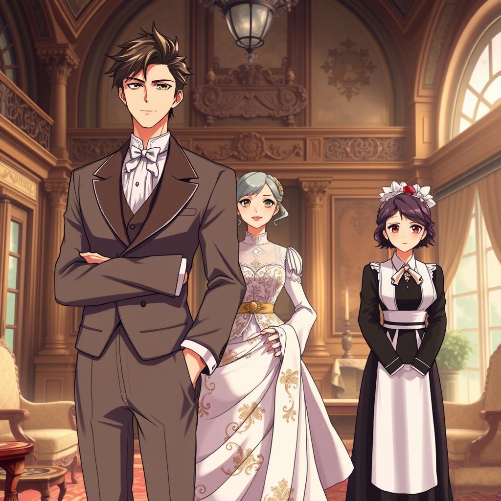 A handsome anime gentleman in his mid 20s standing confidently in a luxurious British villa, featuring grand architecture and opulent furnishings