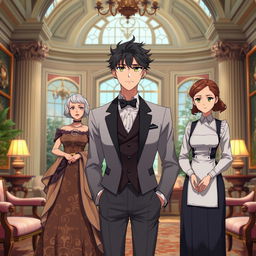 A handsome anime gentleman in his mid 20s standing confidently in a luxurious British villa, featuring grand architecture and opulent furnishings