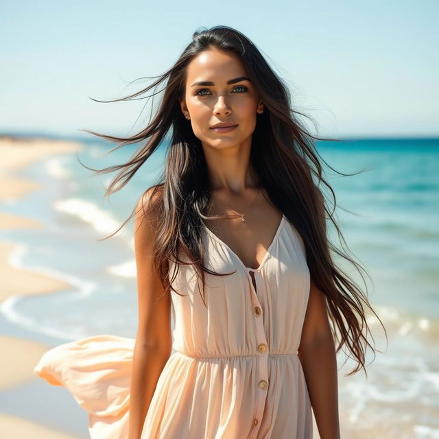 A full-length portrait of a 35-year-old woman with Mediterranean features, including warm olive skin and striking blue eyes, standing gracefully by the sea