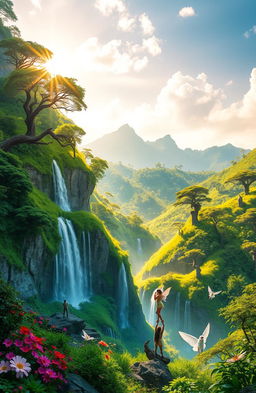A mystical landscape representing "Kunci Alam Dewata", featuring lush green hills bathed in vibrant sunlight, with ethereal waterfalls cascading from rocky cliffs