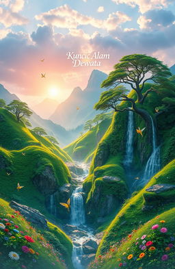 A mystical landscape representing "Kunci Alam Dewata", featuring lush green hills bathed in vibrant sunlight, with ethereal waterfalls cascading from rocky cliffs