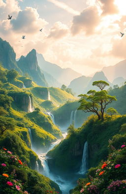 A mystical landscape representing "Kunci Alam Dewata", featuring lush green hills bathed in vibrant sunlight, with ethereal waterfalls cascading from rocky cliffs