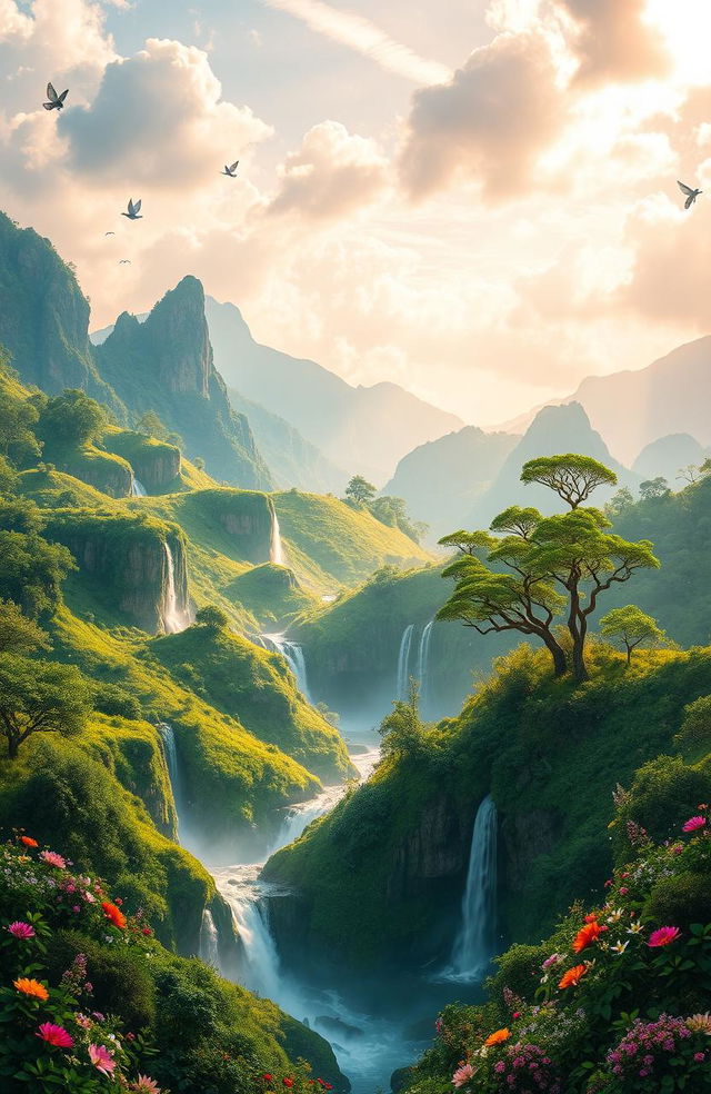 A mystical landscape representing "Kunci Alam Dewata", featuring lush green hills bathed in vibrant sunlight, with ethereal waterfalls cascading from rocky cliffs