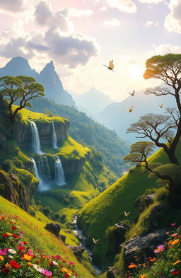 A mystical landscape representing "Kunci Alam Dewata", featuring lush green hills bathed in vibrant sunlight, with ethereal waterfalls cascading from rocky cliffs