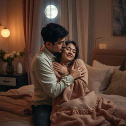 A tender and intimate scene set in a softly lit bedroom at night, where a man is gently hugging a woman