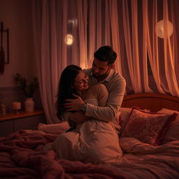 A tender and intimate scene set in a softly lit bedroom at night, where a man is gently hugging a woman