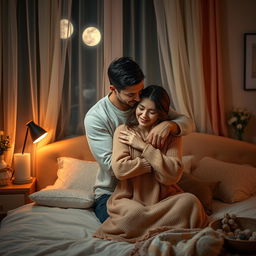 A tender and intimate scene set in a softly lit bedroom at night, where a man is gently hugging a woman