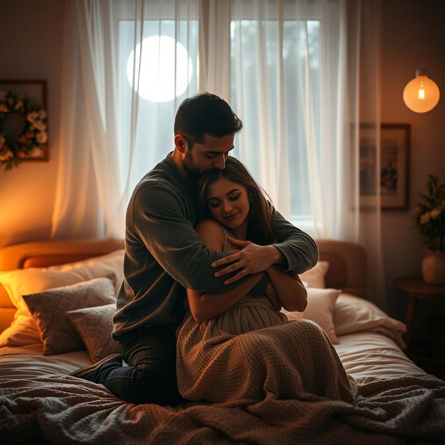 A tender and intimate scene set in a softly lit bedroom at night, where a man is gently hugging a woman